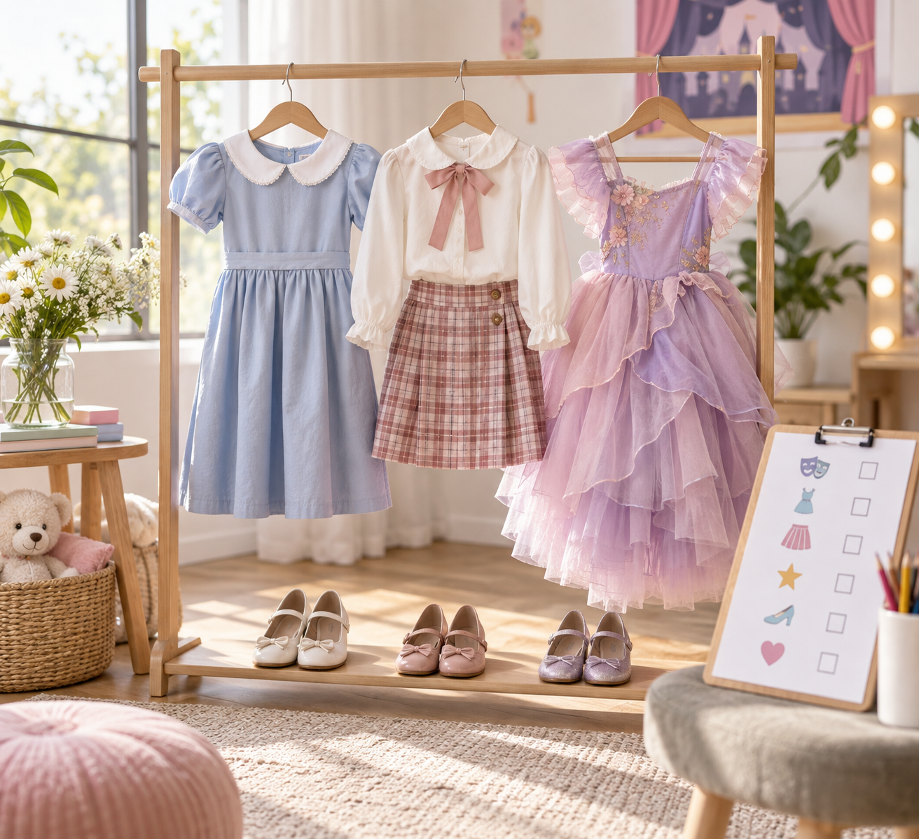 Arara com opções de figurino infantil para apresentação teatral e checklist visual.