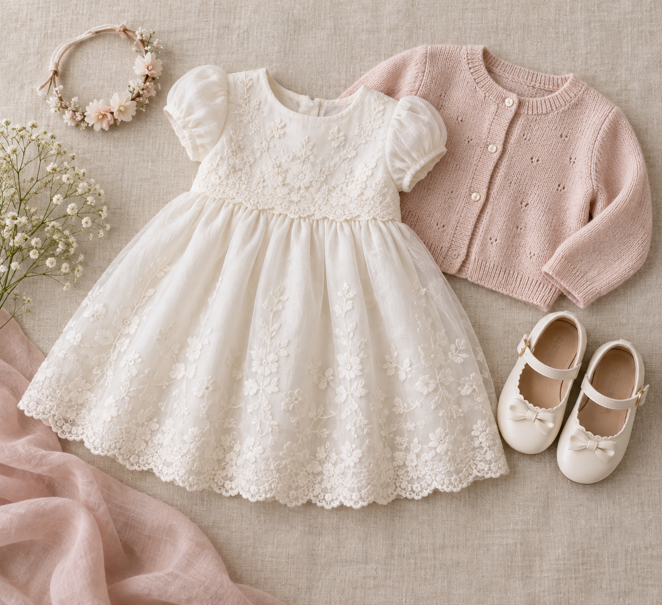 Checklist visual com vestido branco, cardigan, sapatinhos e acessório para batizado infantil