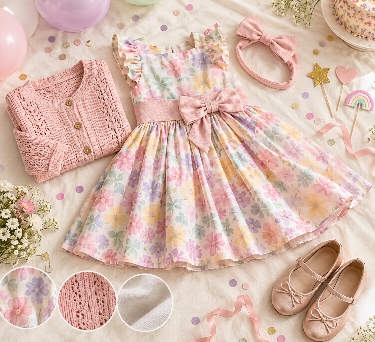 Checklist visual com vestido infantil, cardigan, tiara e sapatilhas para aniversário