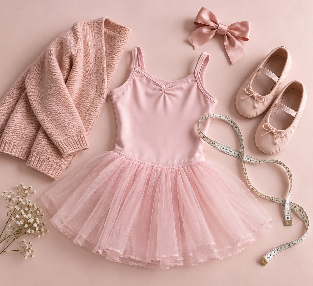 Checklist visual de roupa infantil para apresentação de balé com vestido, sapatilhas e fita métrica