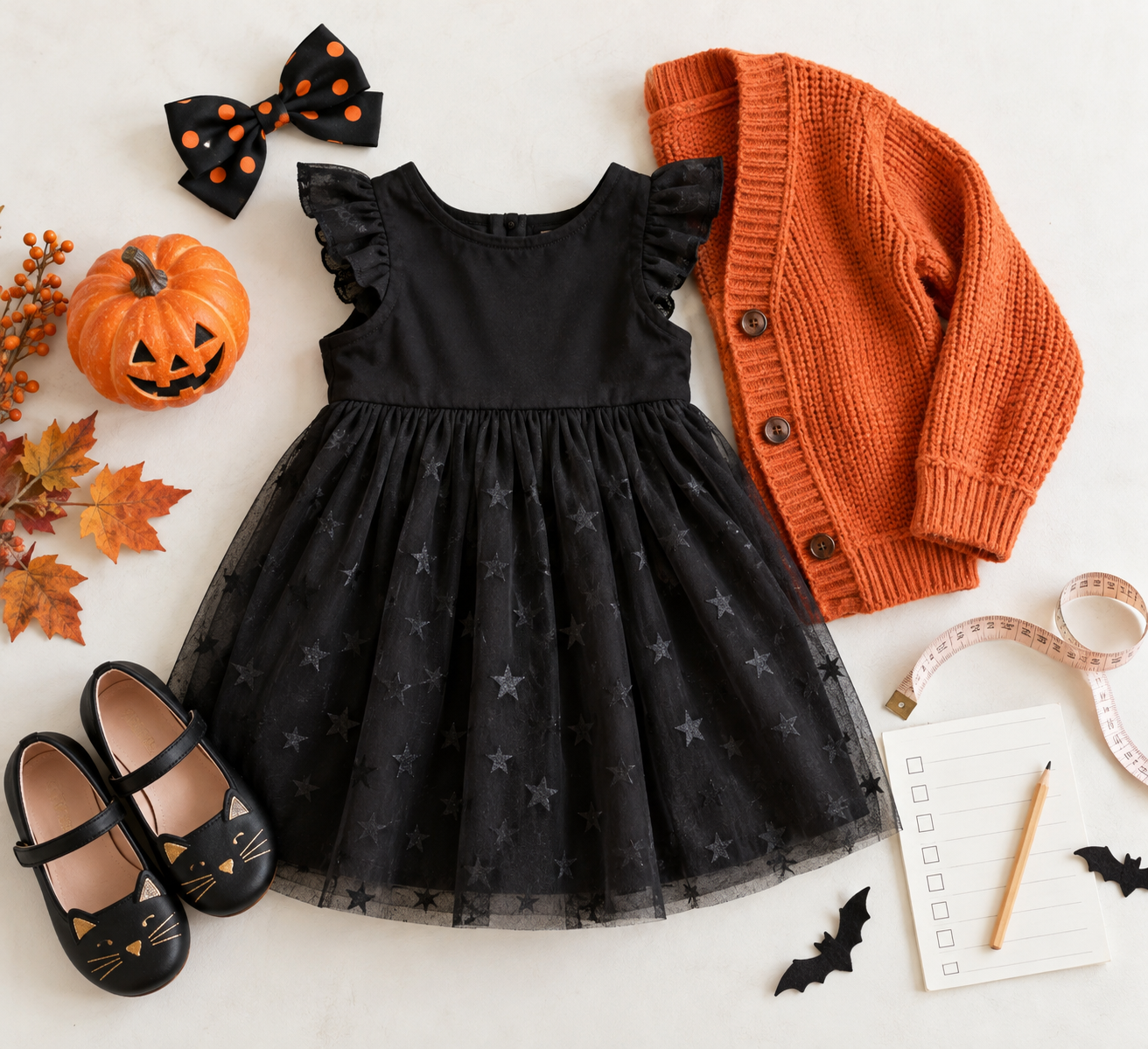 Flat lay de vestido, cardigan, sapatos e acessórios para escolher look infantil de Halloween