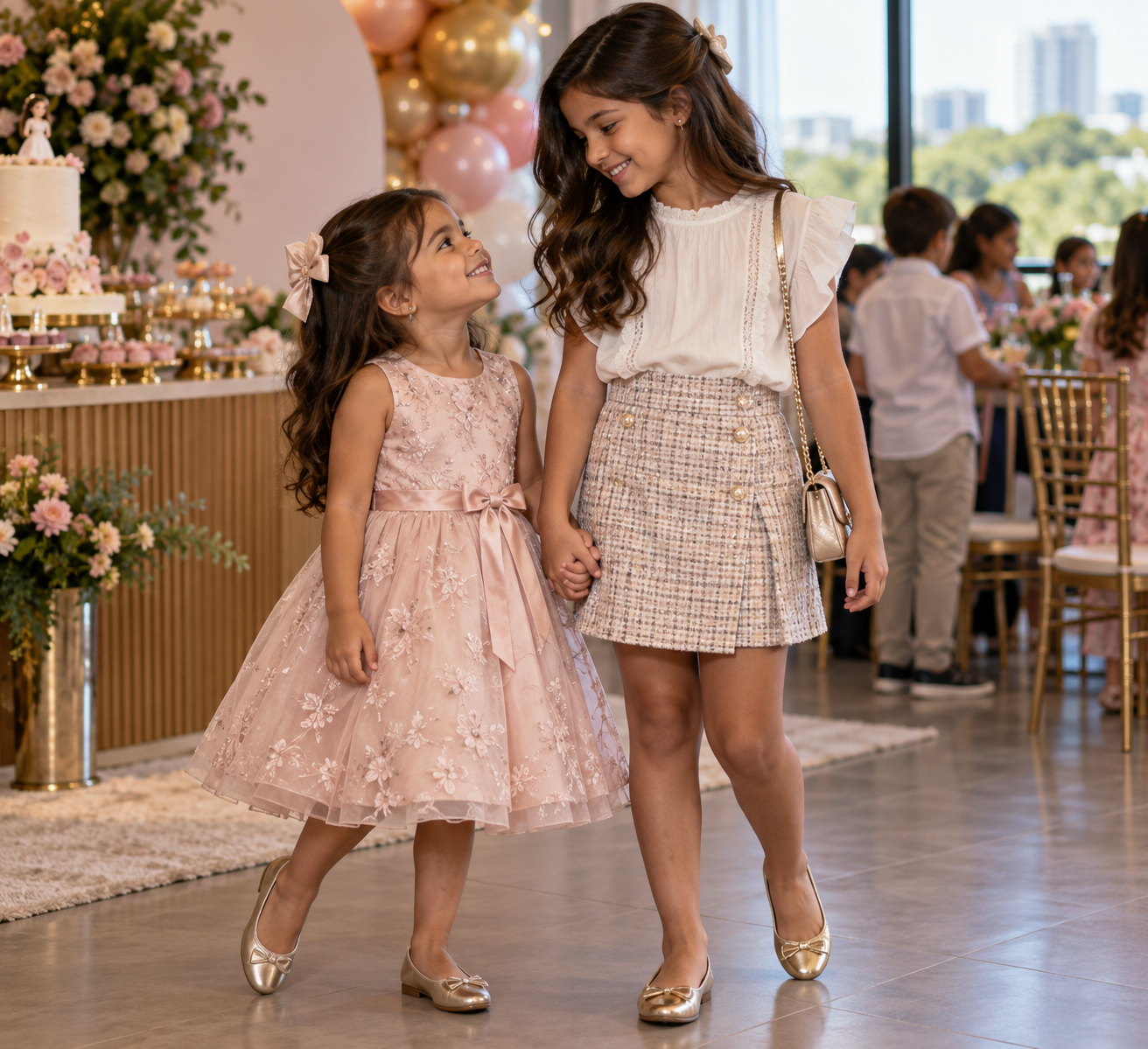 Irmãs com looks infantis coordenados para ocasião especial