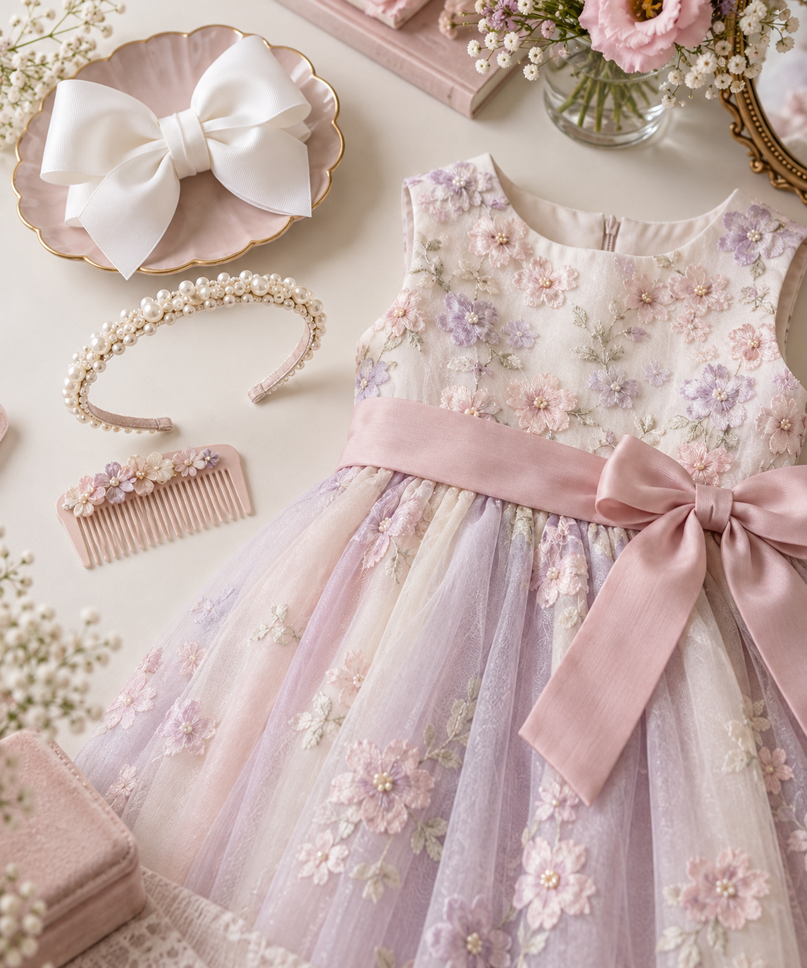 Laço branco e tiara de pérolas combinados com look infantil
