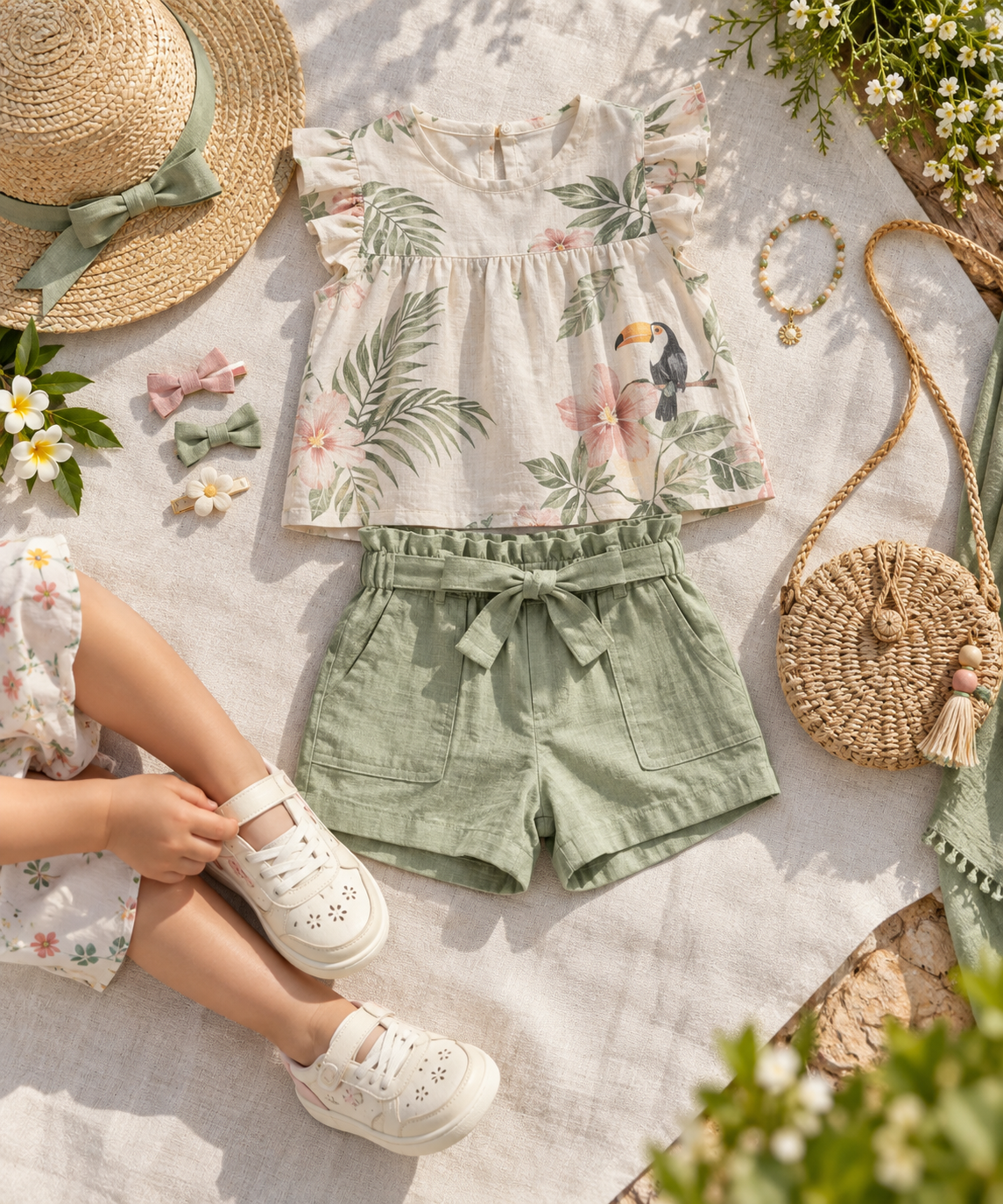 Conjunto infantil feminino com fita métrica e acessórios para escolher tamanho