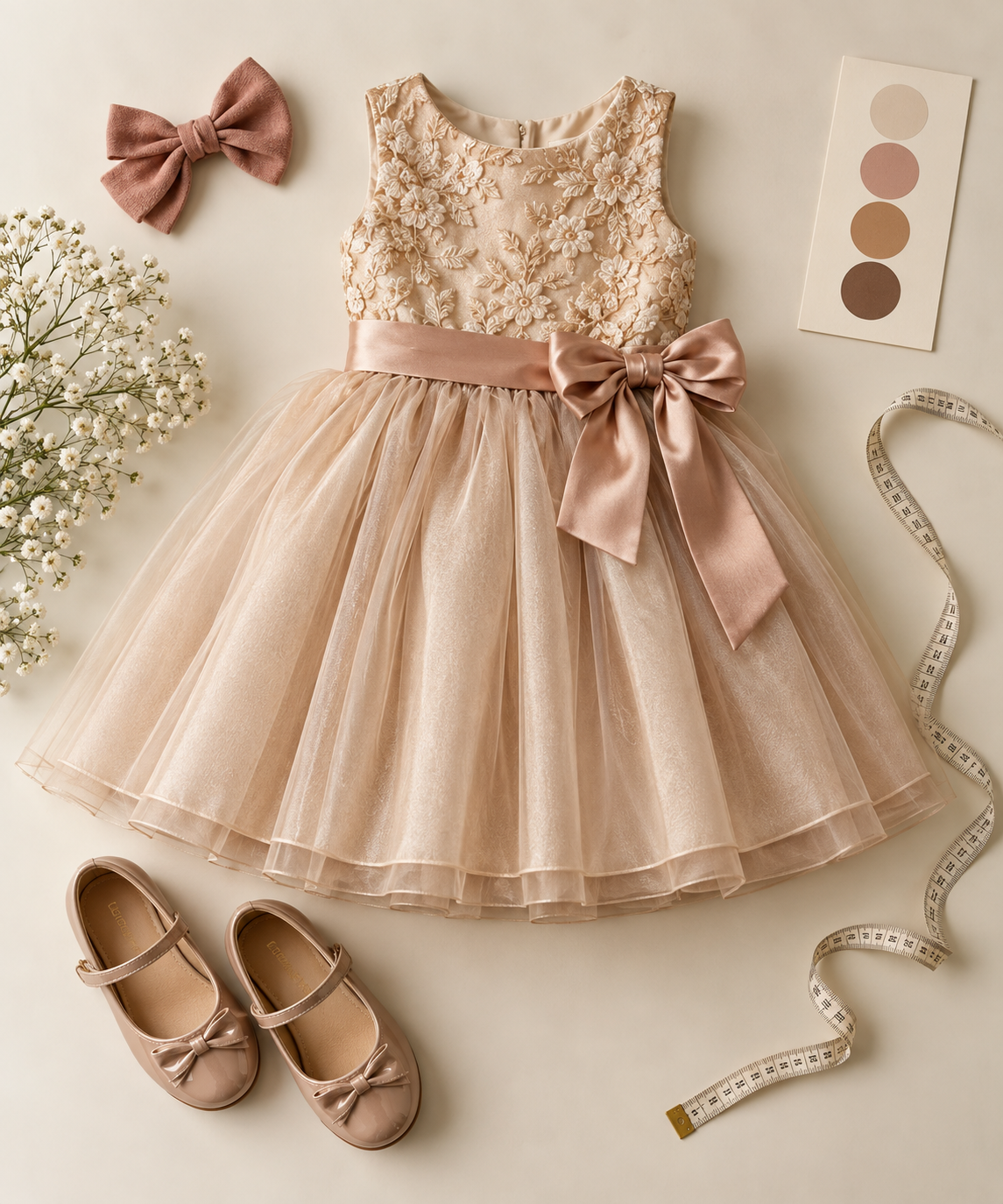 Vestido infantil de festa com sapatos, laço e fita métrica para orientar a escolha do look