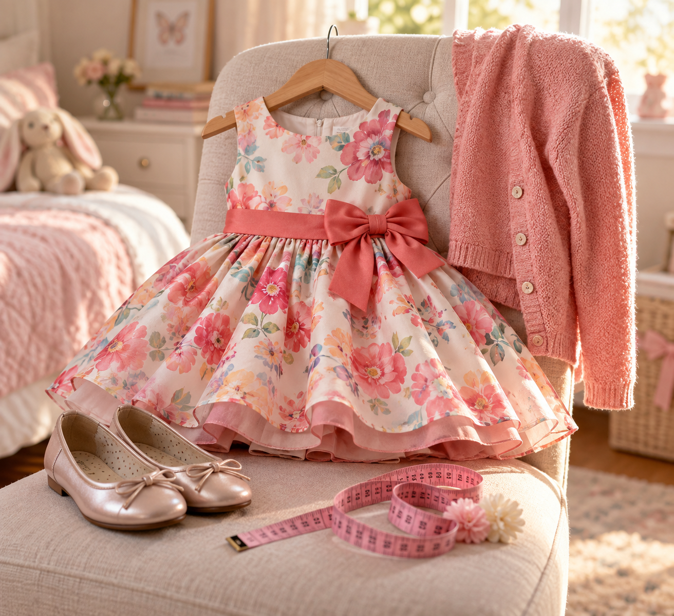 Vestido infantil, cardigan, sapatilhas e fita métrica para escolher roupa de festa