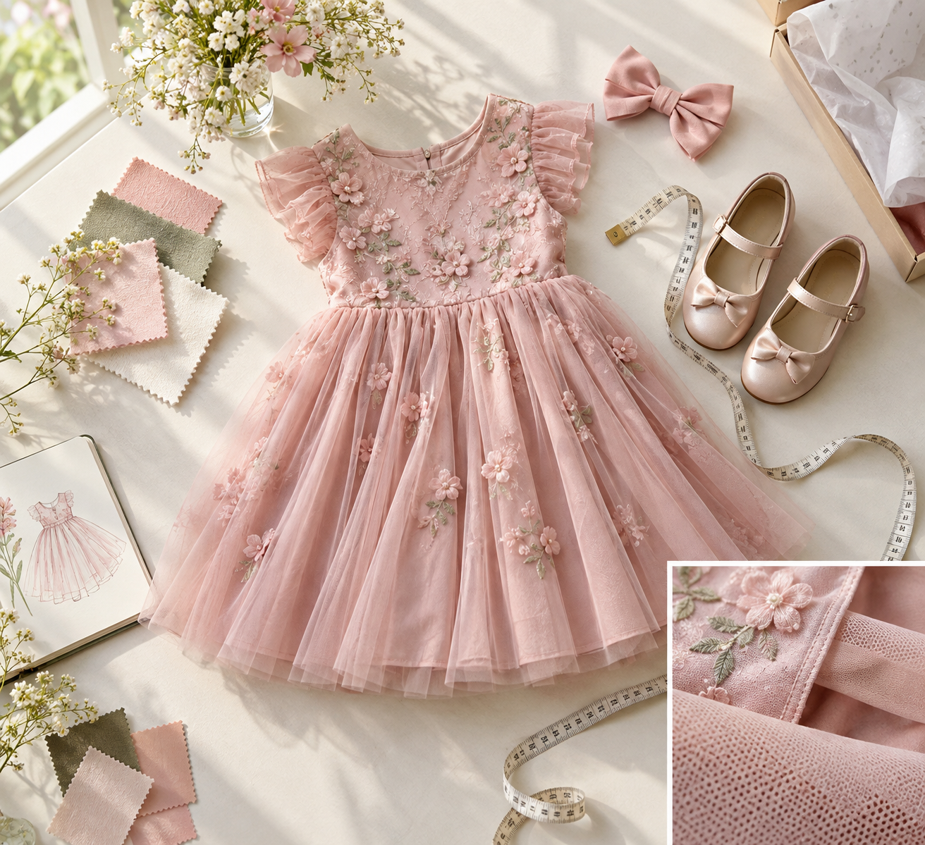 Vestido infantil com sapatos, laço, tecidos e fita métrica para planejar um look de festa