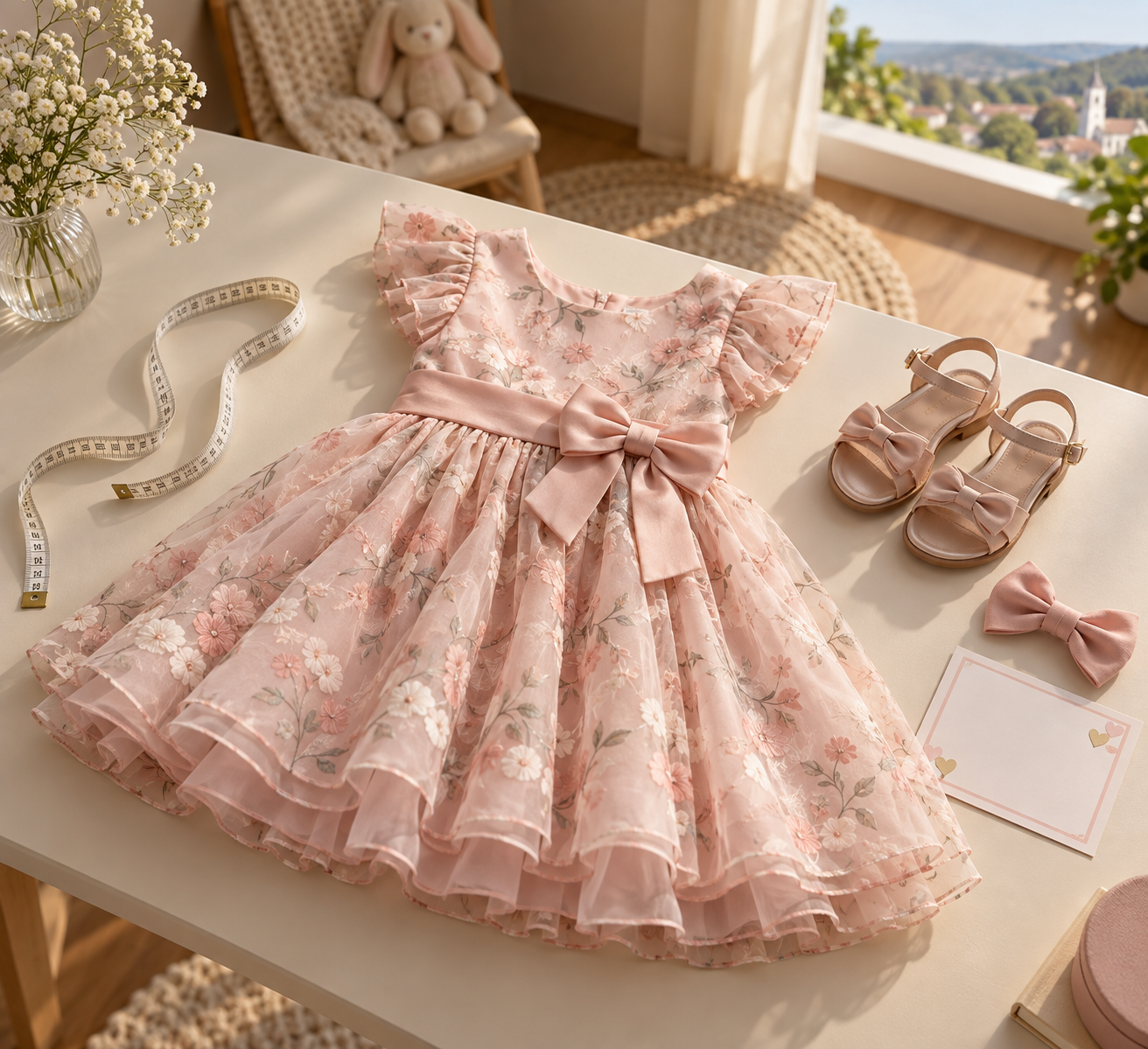 Vestido infantil de festa com fita métrica, sandálias e acessório para avaliar medidas e conforto