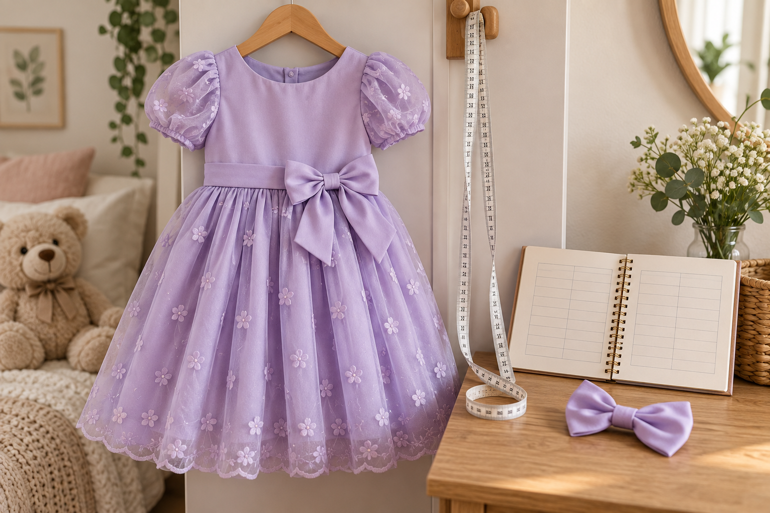 Vestido infantil lilás, fita métrica e planejamento de tamanho para festa