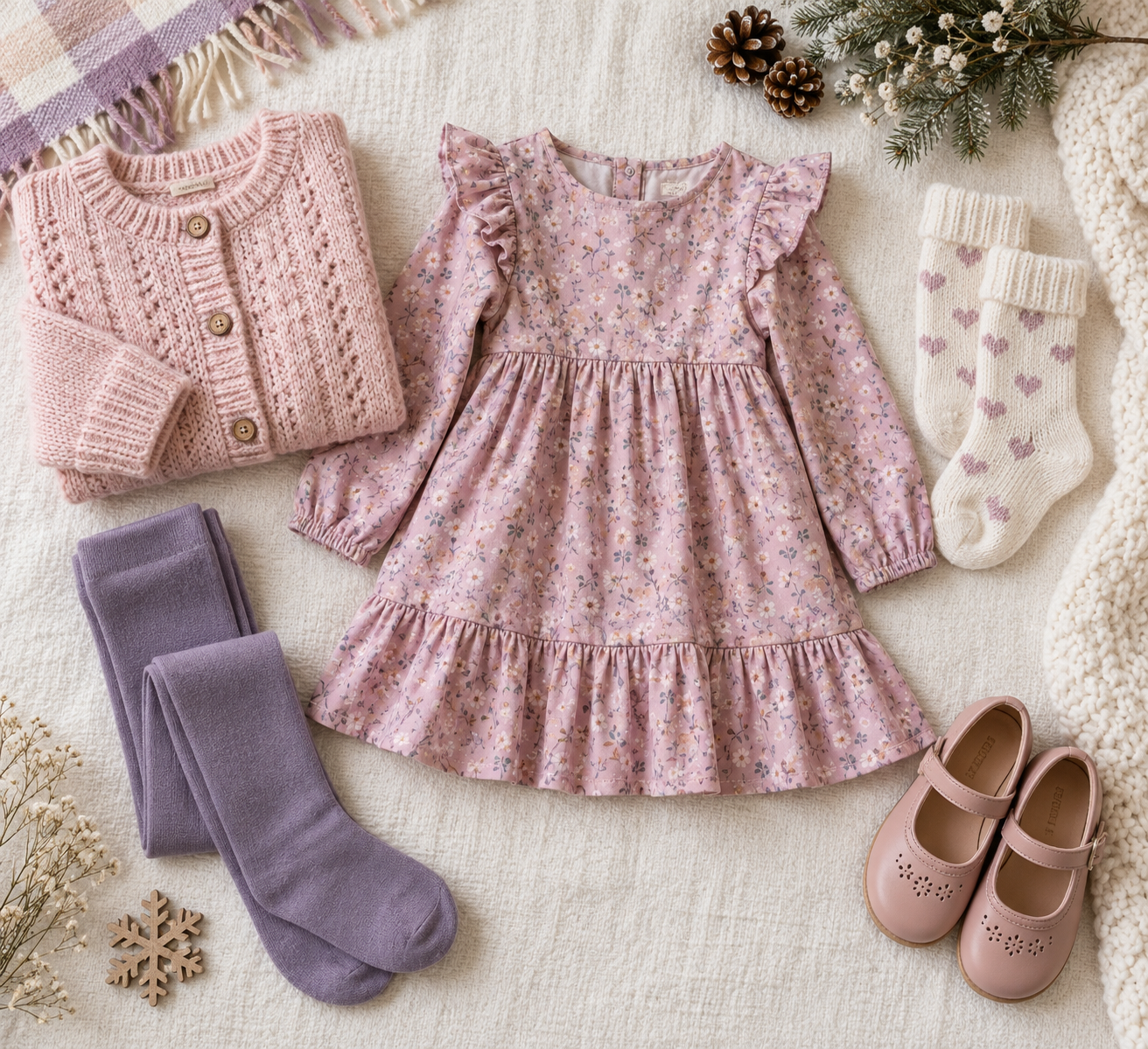 Vestido infantil, meia-calça opaca, cardigan e calçado organizados para o inverno