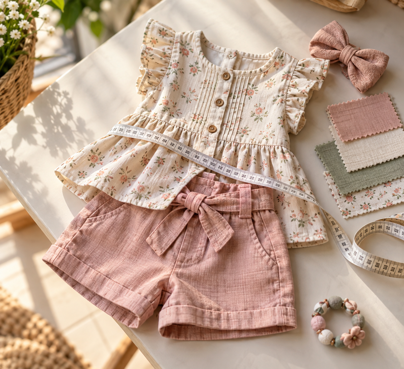 Conjunto infantil feminino com fita métrica para conferir medidas e tecido
