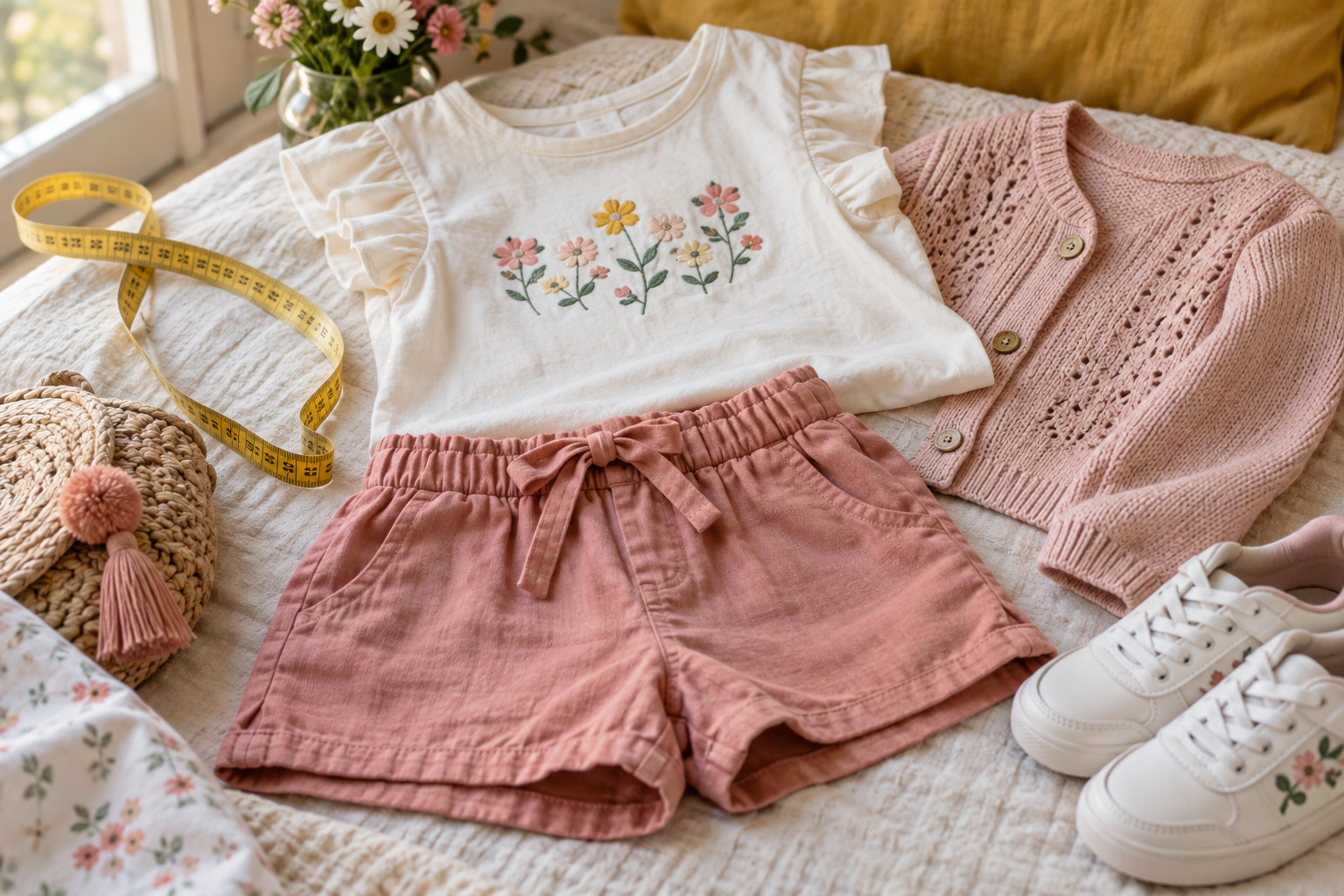 Conjunto infantil feminino com fita métrica para conferir medidas
