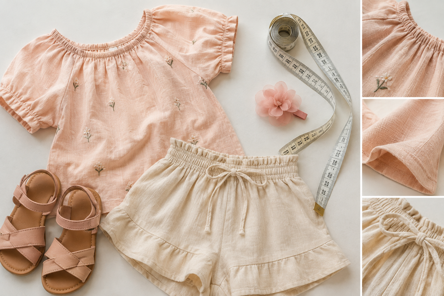 Conjunto infantil feminino com fita métrica para conferir tecido e medidas