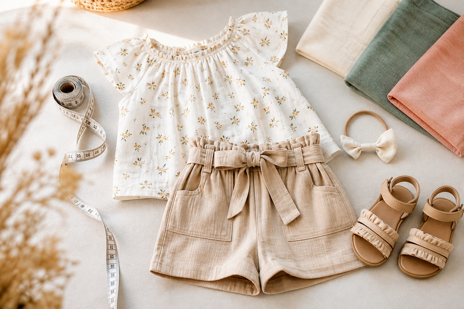 Conjunto infantil feminino com fita métrica para conferir medidas e tecido