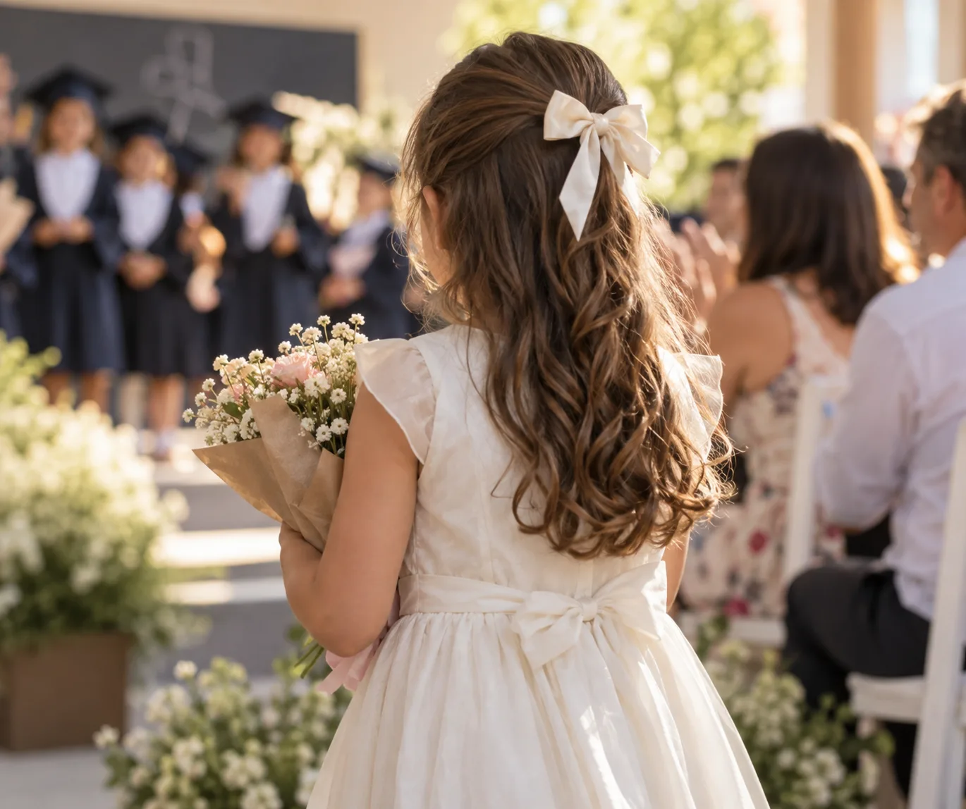 Criança de costas em cerimônia de formatura escolar com vestido claro e buquê
