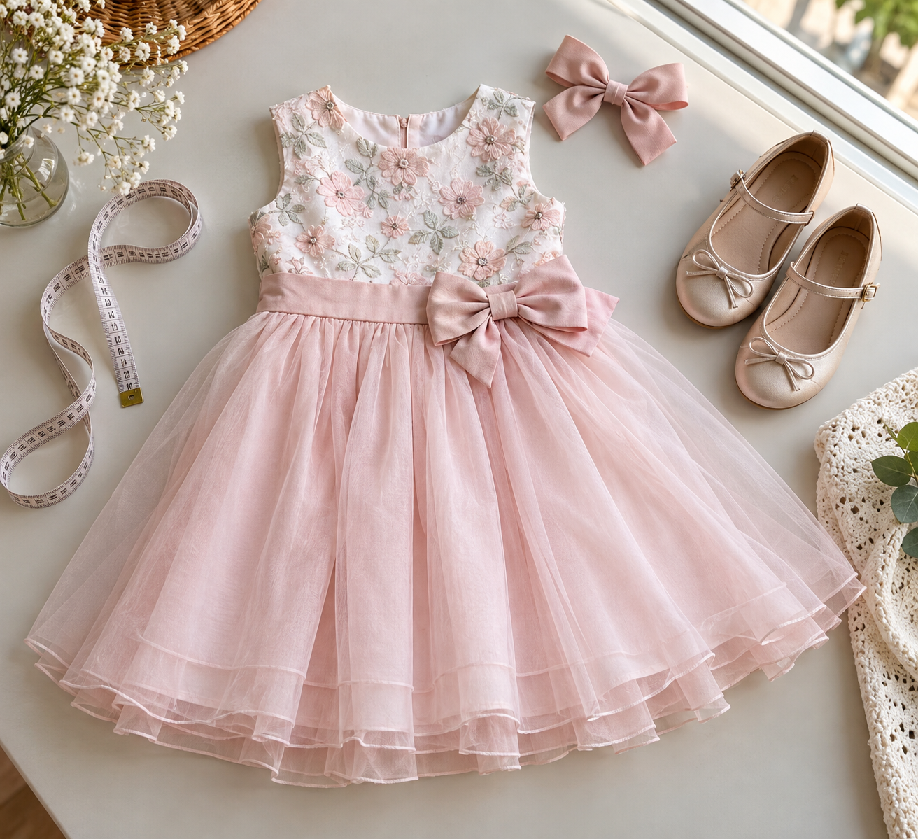 Vestido infantil, acessórios e fita métrica para avaliar conforto e tamanho