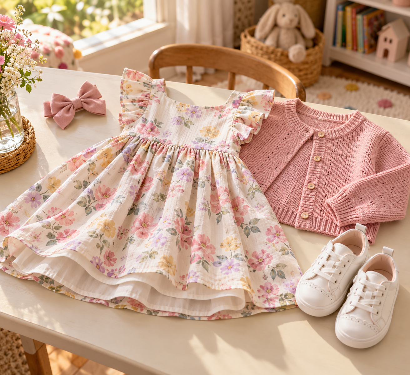 Vestido infantil, cardigan, laço e sapatos organizados para escolher look de aniversário