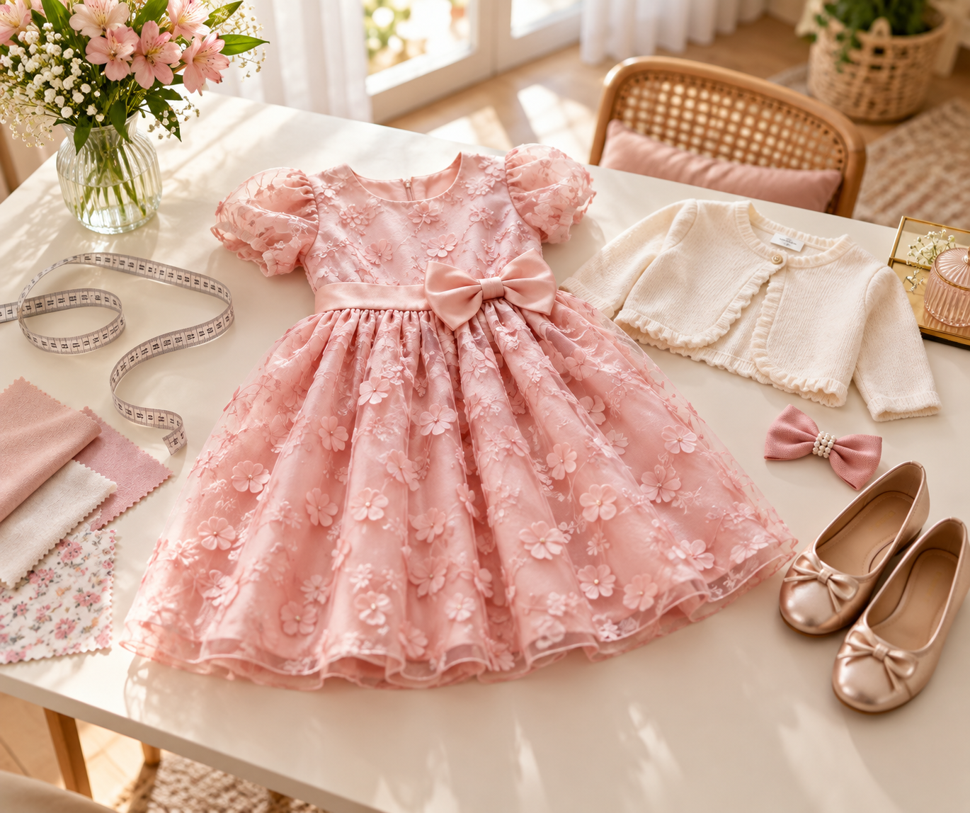Roupa infantil, fita métrica, tecidos e acessórios para escolher um look de aniversário