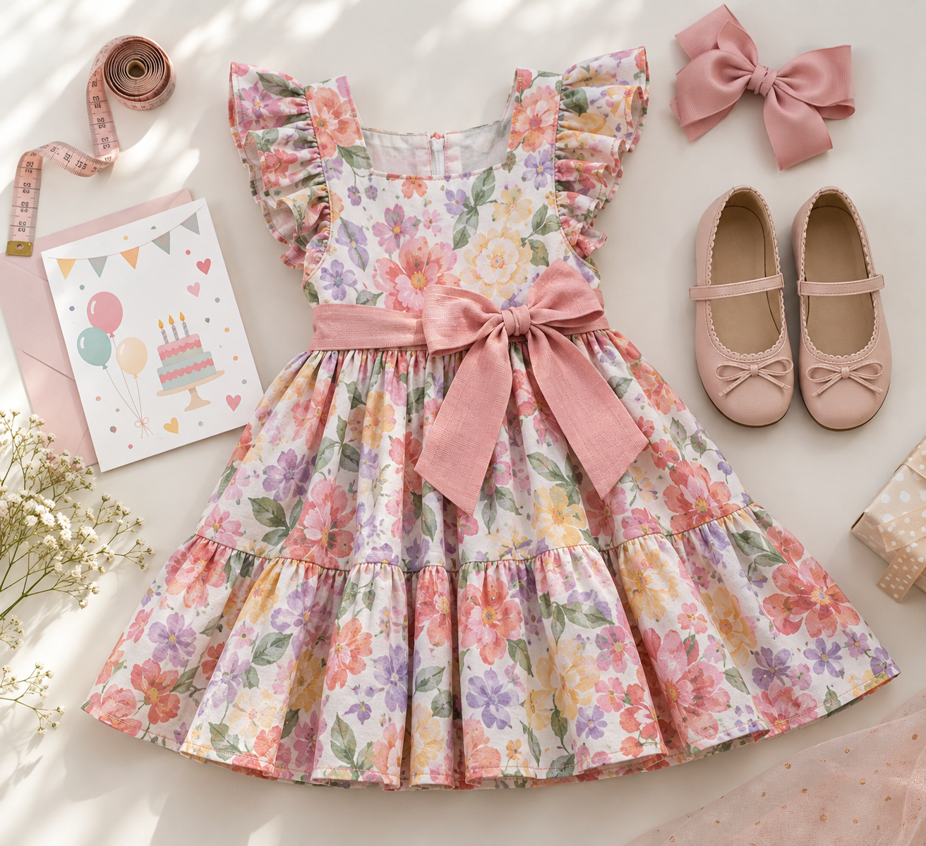 Vestido infantil, sapatilhas, laço e fita métrica organizados para escolher tamanho e acessórios de um look de aniversário