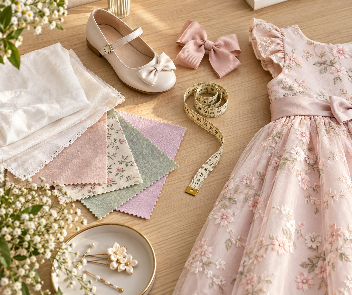 Vestido infantil, fita métrica e tecidos usados para escolher um look de ocasião