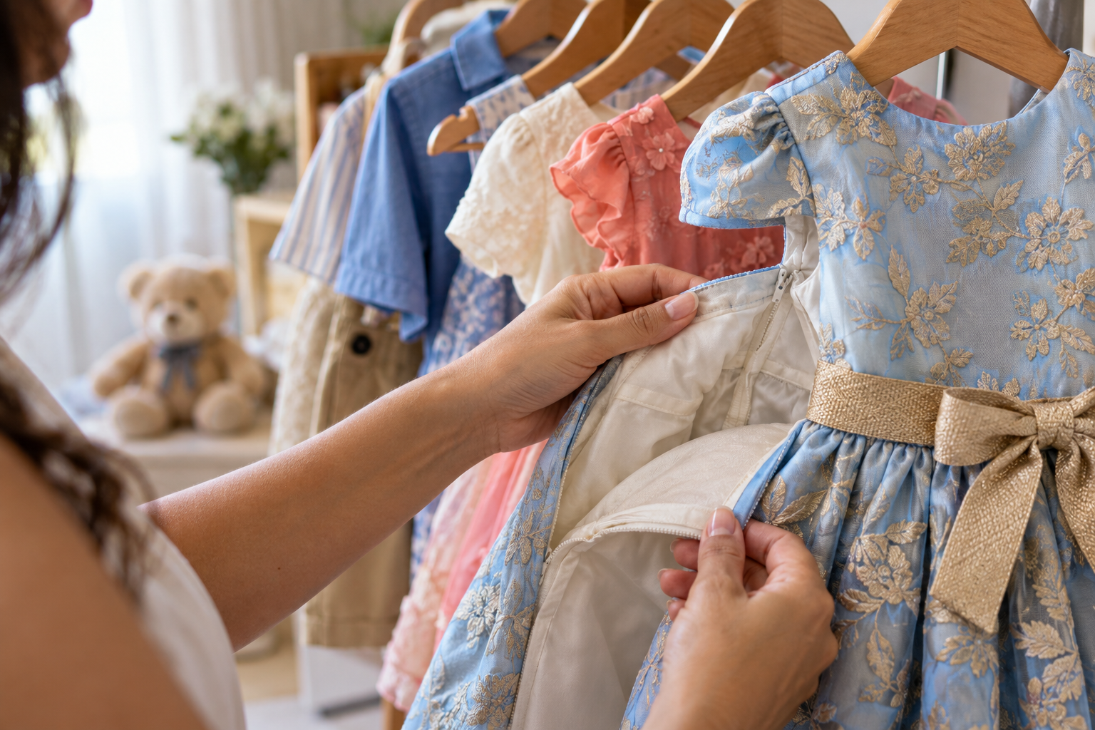 Responsável conferindo tecido e acabamento de roupa infantil para festa