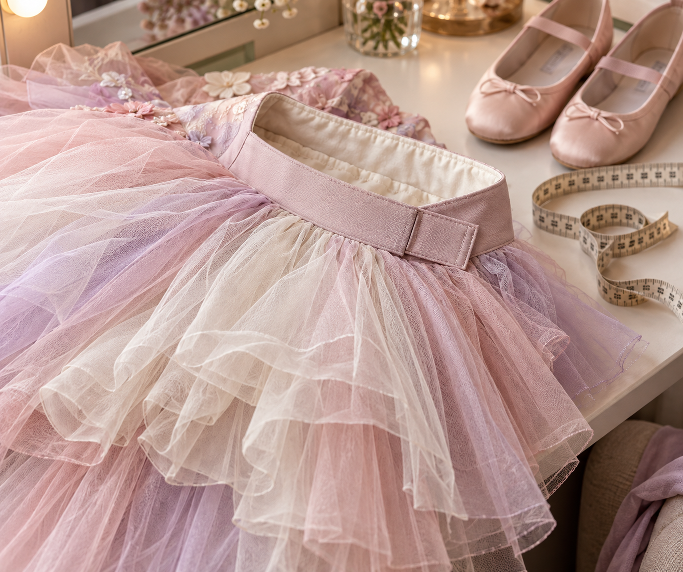 Detalhe de figurino infantil teatral com tule, sapatos confortáveis e fita métrica.