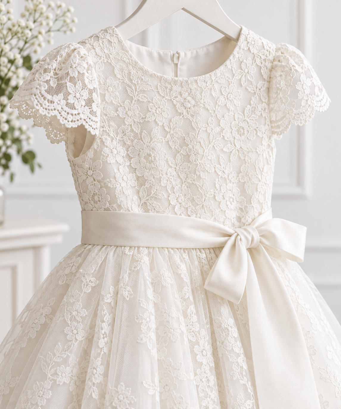 Detalhe de vestido infantil branco com renda, forro e acabamento para primeira comunhão