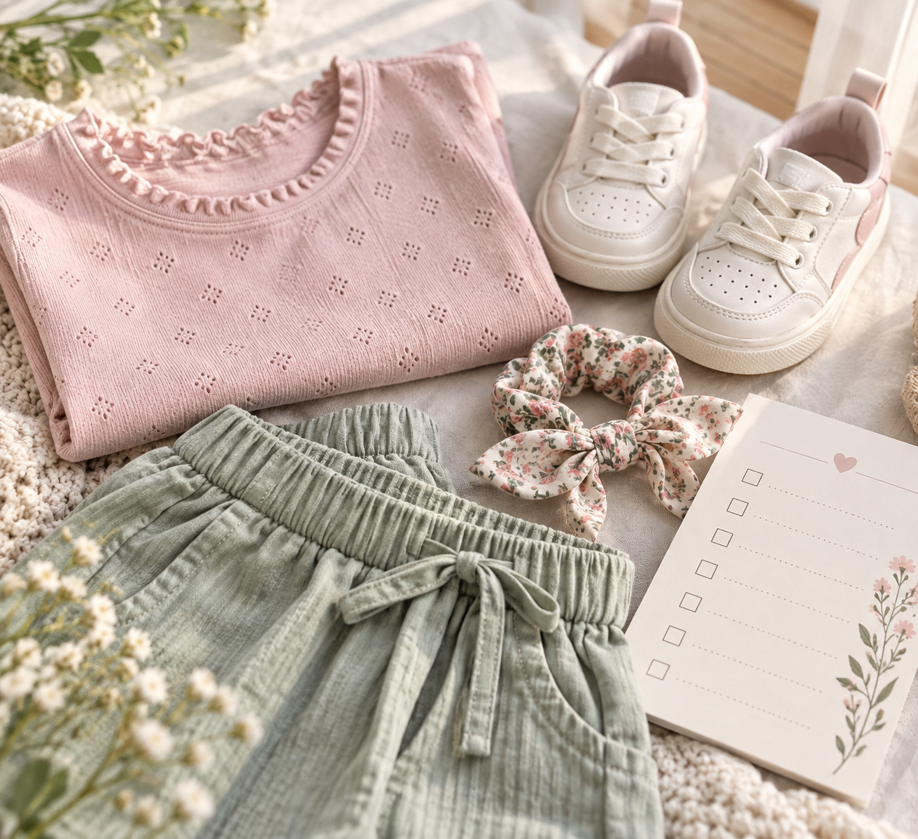 Detalhes de tecido, cós elástico, bolsos e tênis em conjunto infantil para passeio