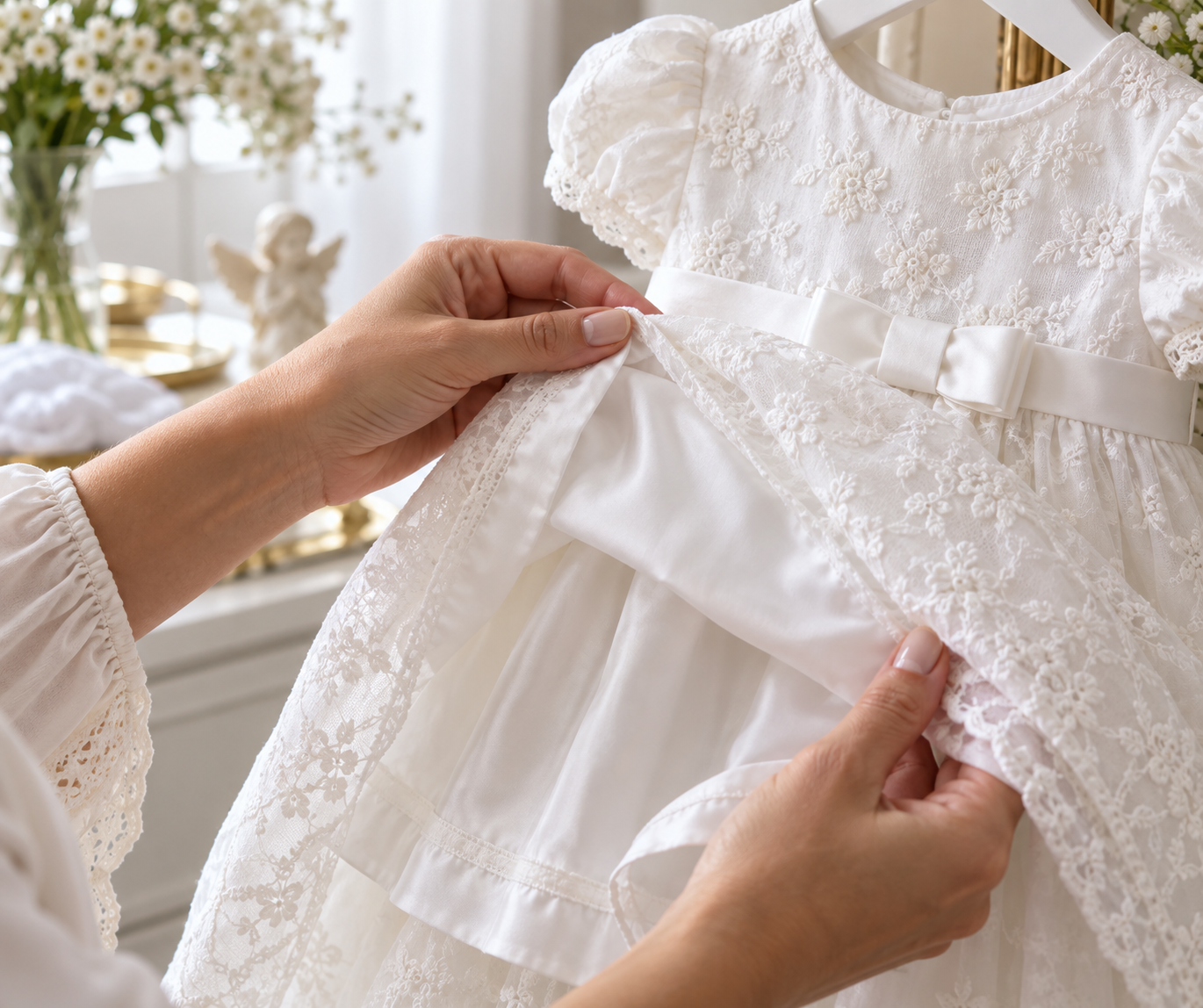 Detalhe do tecido e acabamento de vestido infantil branco para batizado