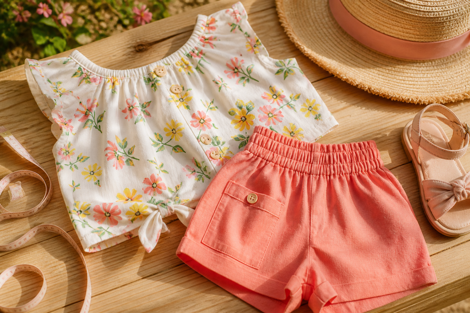 Blusa e short infantil com tecido, cintura e acabamento para passeio