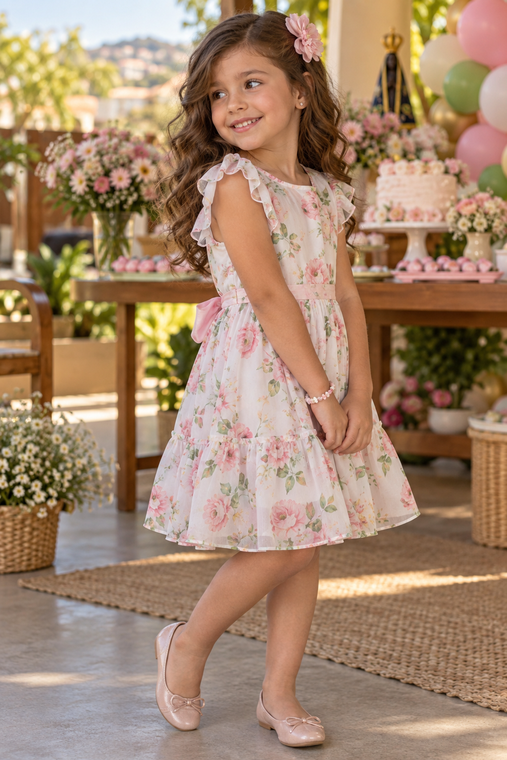 Detalhes de look infantil feminino floral para aniversário no Jardim das Flores, Aparecida de Goiânia