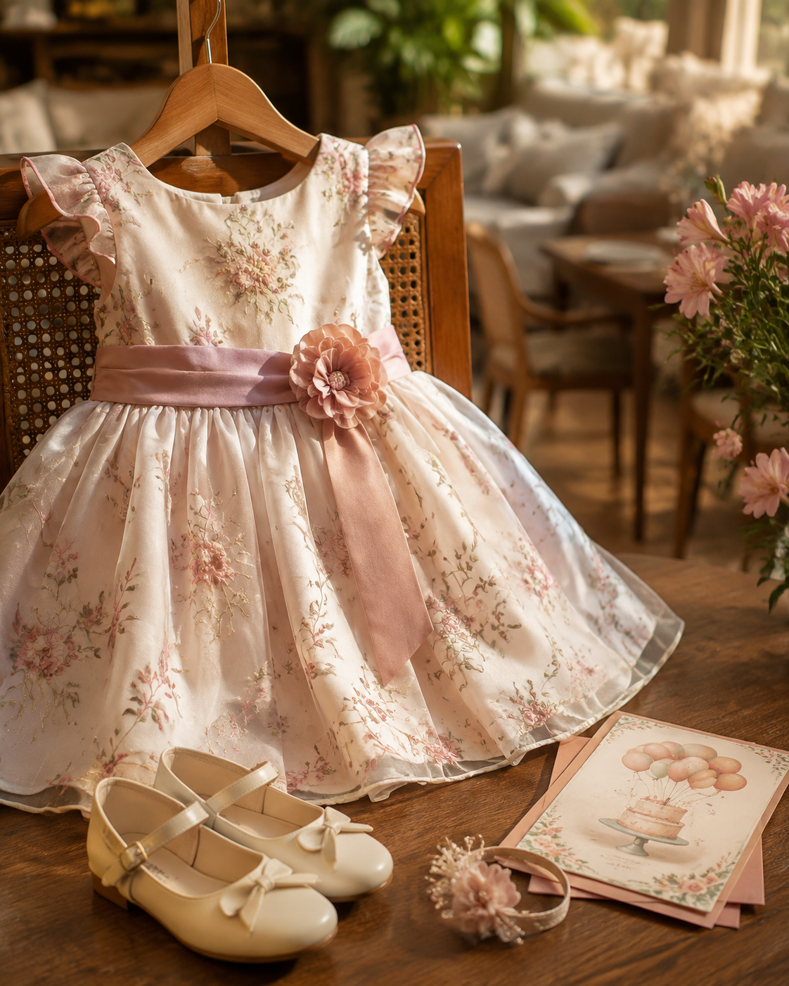 Detalhes de tecido e acessórios para compor look infantil feminino de aniversário