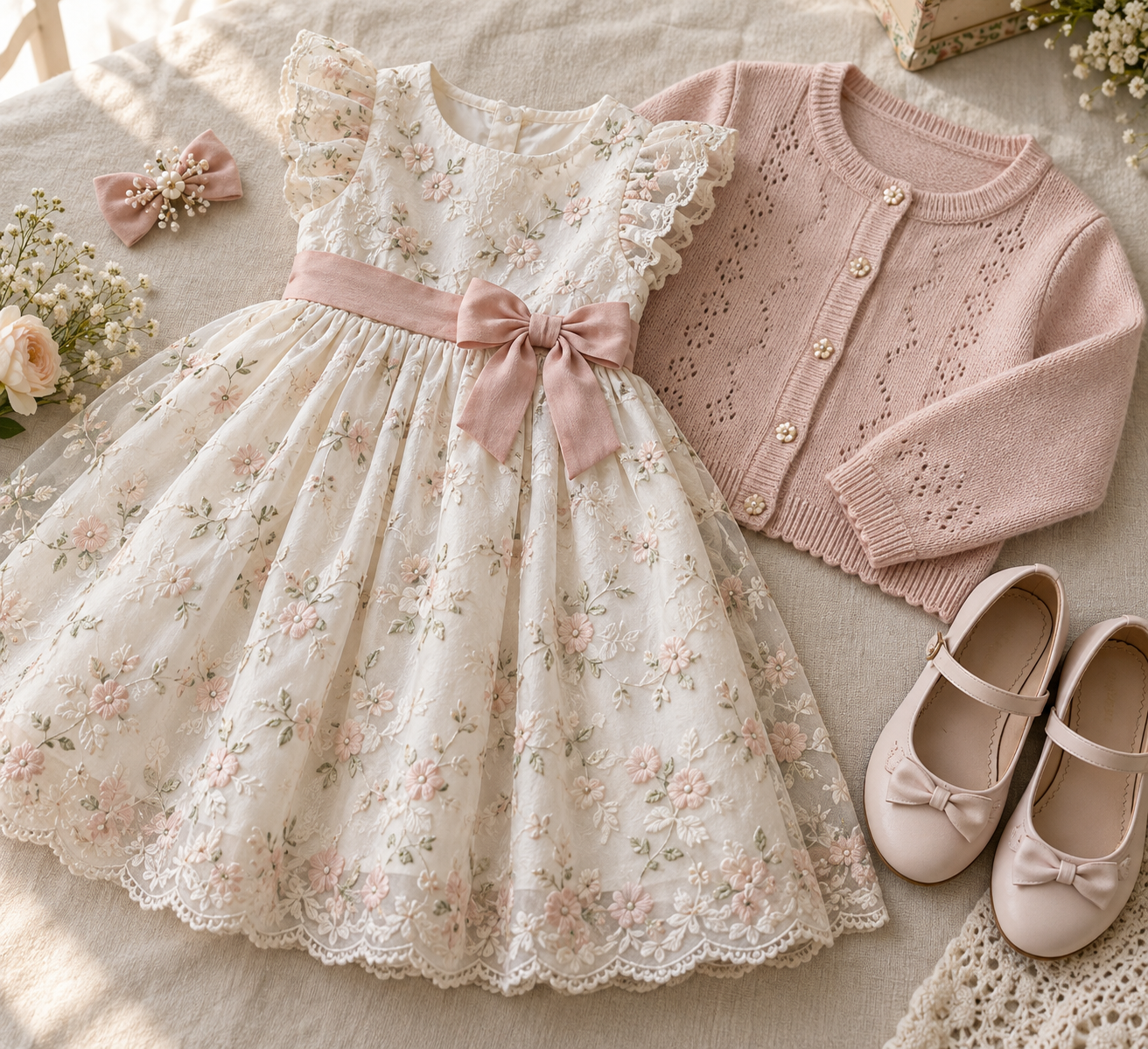Detalhes de look infantil para festa com vestido, casaquinho, sapatos e acessório