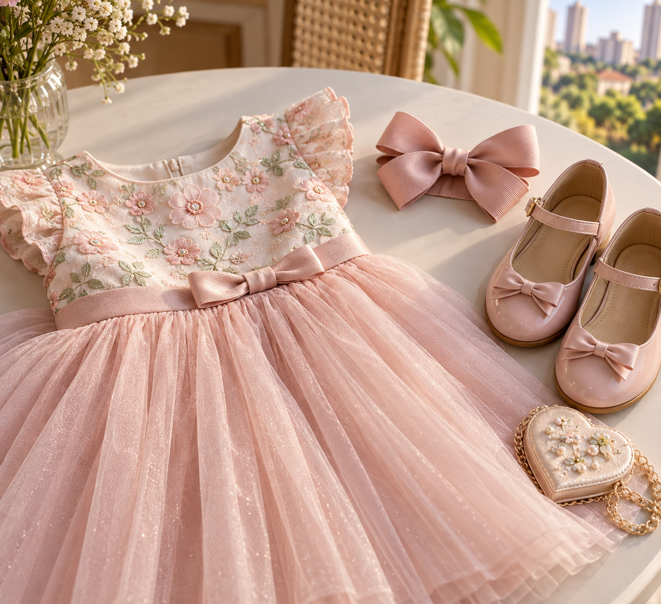 Detalhes de vestido infantil de festa com laço, sapatinhos e acessórios