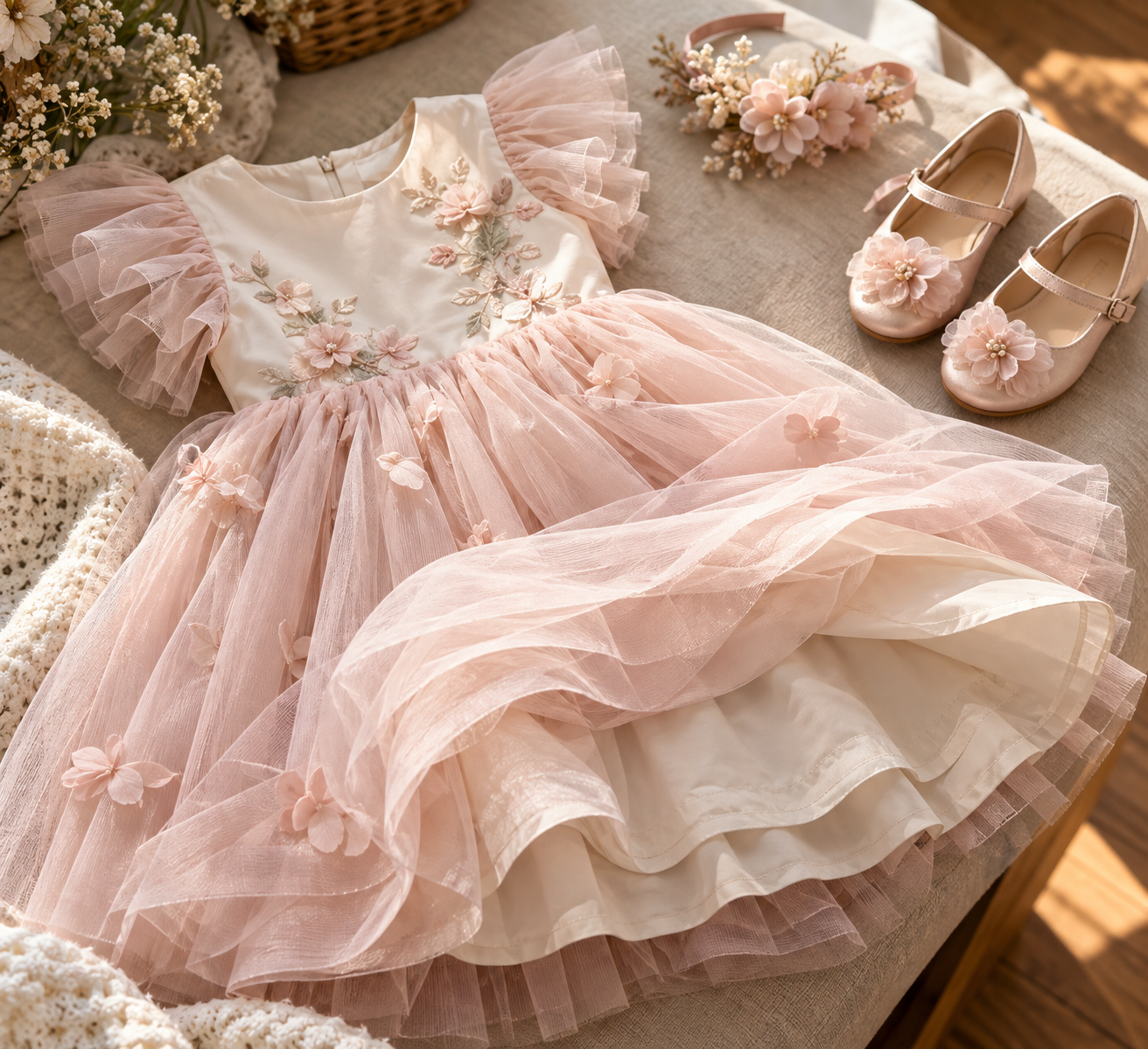 Detalhes de tecido, forro, costura e acessórios de um look infantil para festa