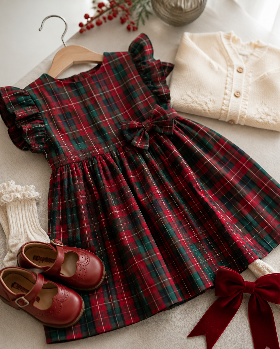 Detalhes de vestido infantil xadrez de Natal com cardigan, meia e sapatilha