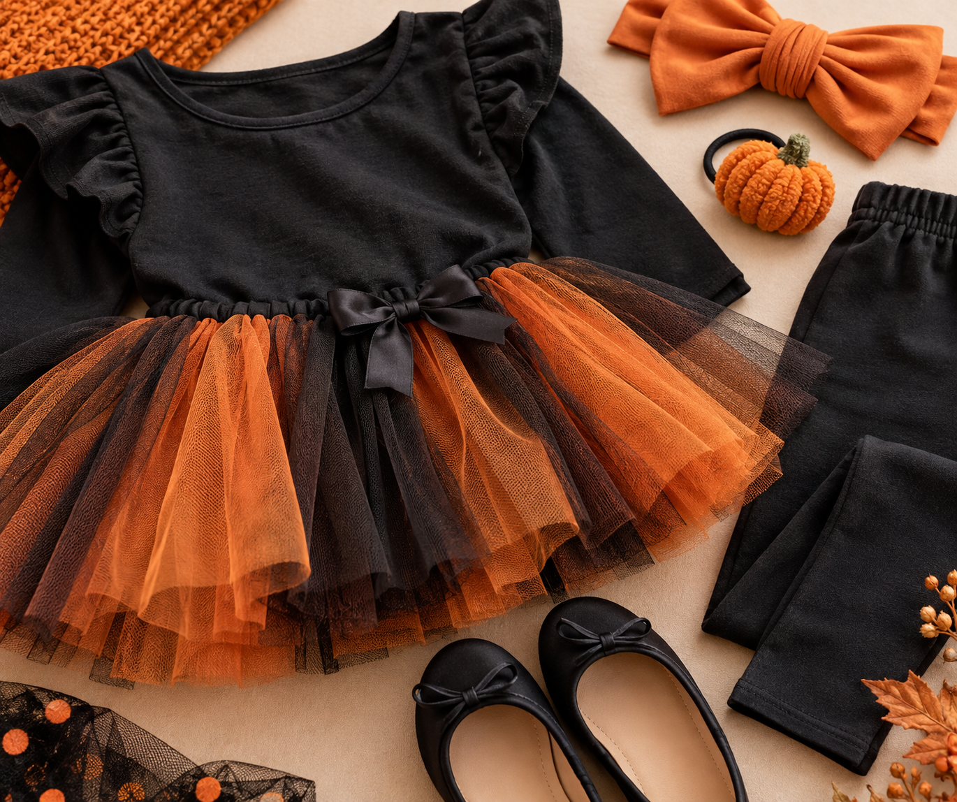 Detalhes de tecidos macios e acessórios de look infantil confortável para Halloween