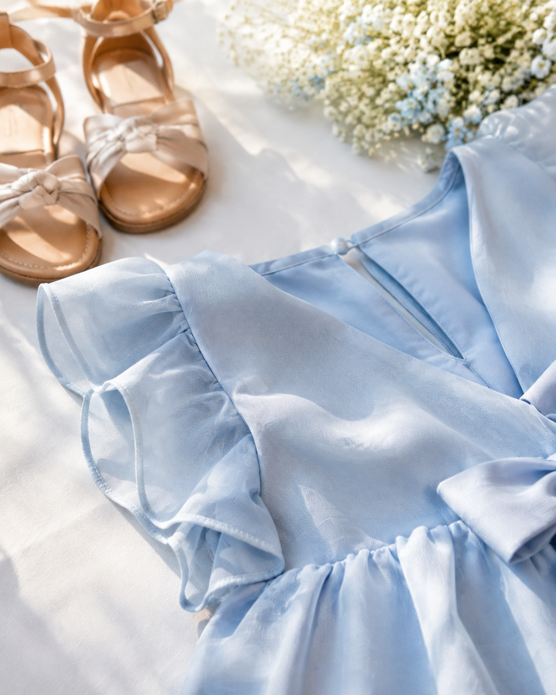 Detalhe de tecido e calçado baixo para vestido infantil de casamento civil