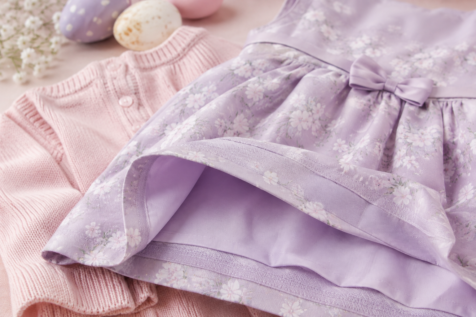 Detalhe de vestido infantil pastel com tecido, forro, laço e cardigan para Páscoa