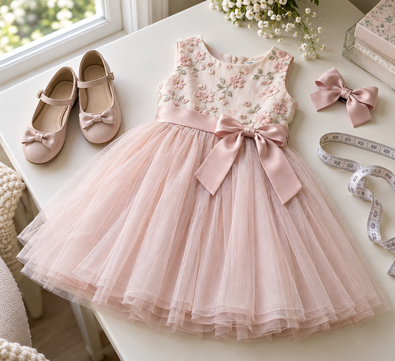 Look infantil de festa com vestido, sapatilhas, laço e fita métrica para orientar tamanho e conforto
