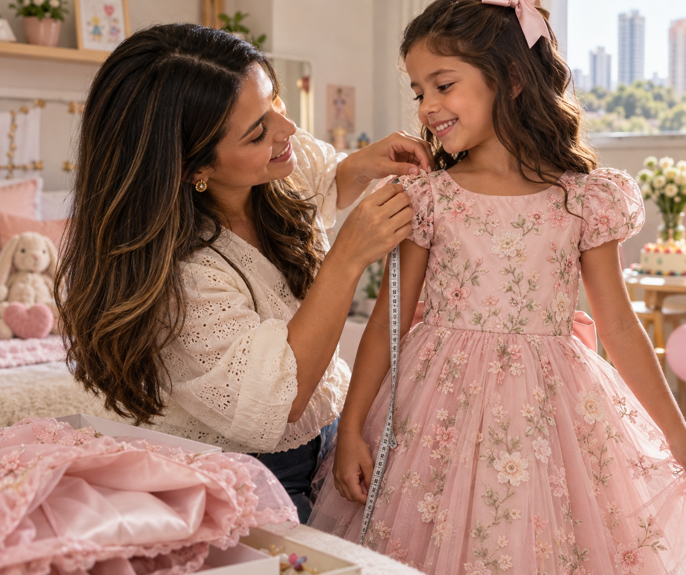 Responsável conferindo o ajuste de vestido infantil para festa