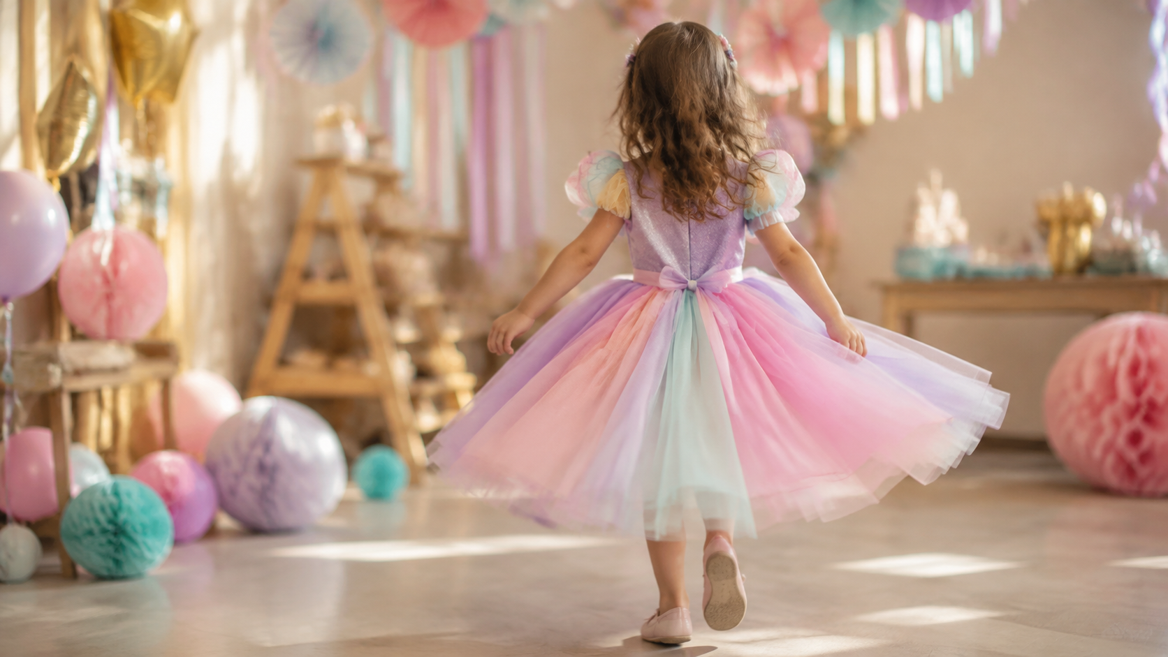 Criança vista de costas movimentando-se em festa temática com roupa infantil colorida