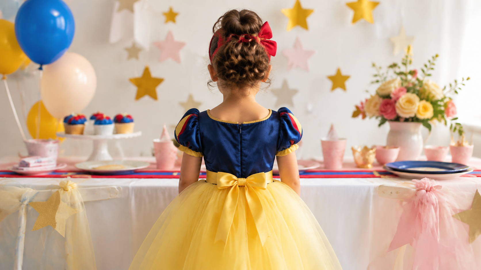 Fantasia infantil para festa com vestido azul e amarelo vista de costas em mesa decorada