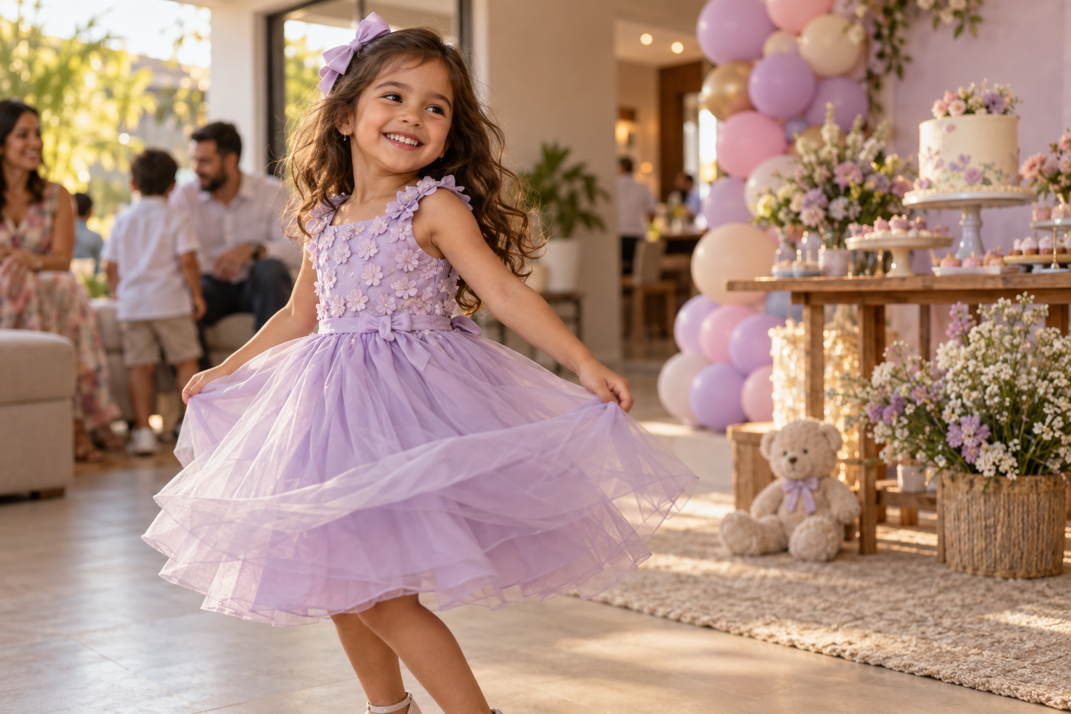 Imagem editorial de menina usando vestido lilás em festa infantil no Jardim das Cascatas