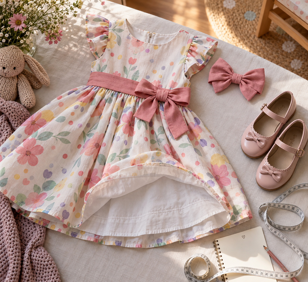 Detalhes de vestido infantil, laço e fita métrica para conferir o tamanho