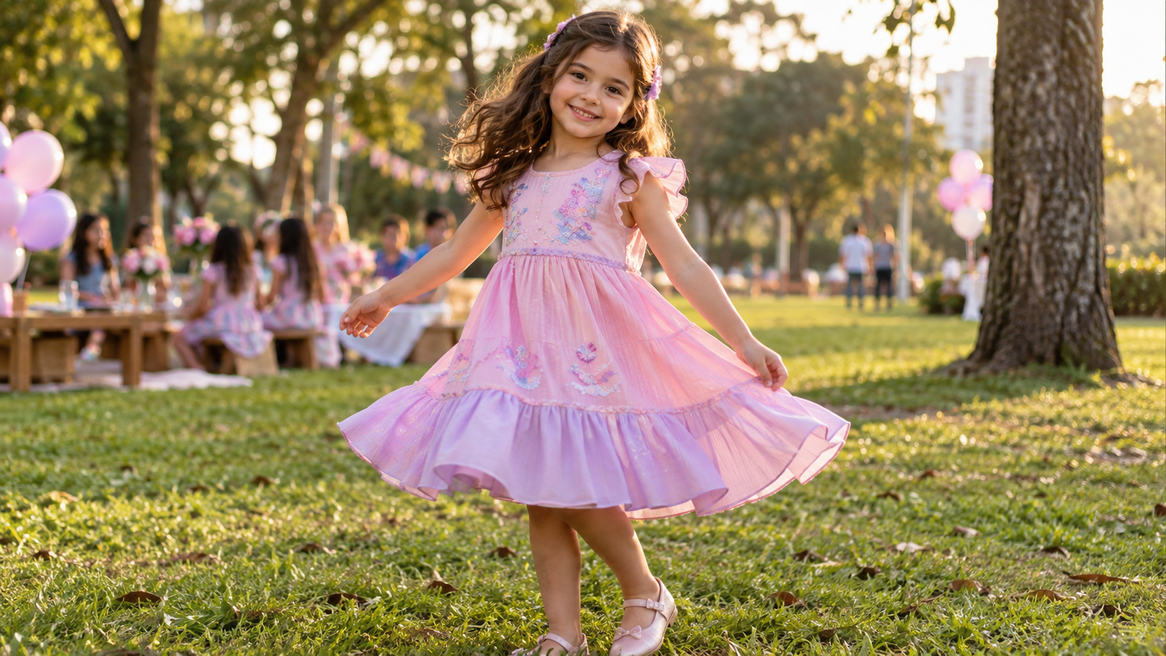Menina usando look infantil feminino em festa de aniversário ao ar livre em Goiânia