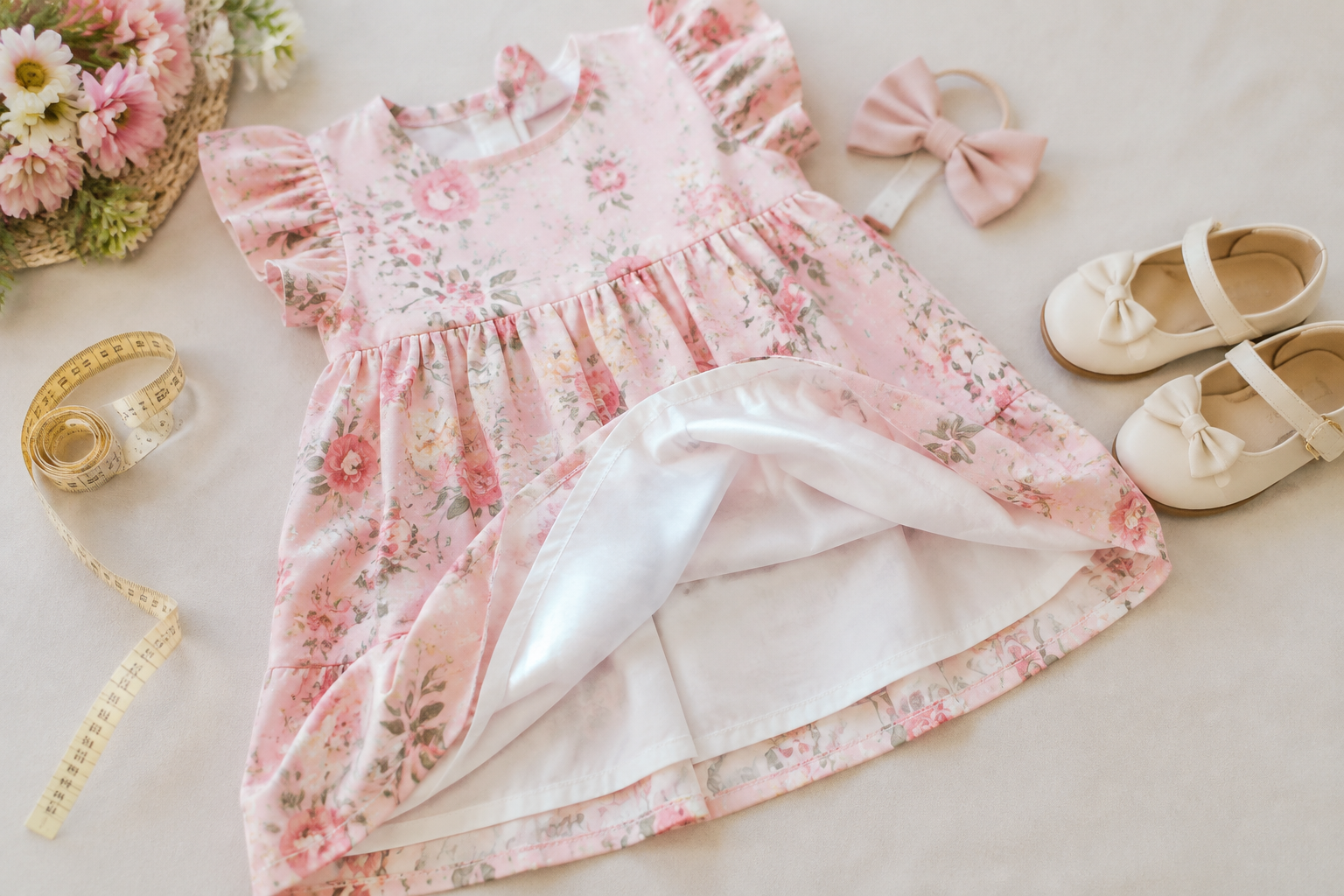 Vestido infantil com forro, fita métrica e acessórios para avaliar conforto e medidas