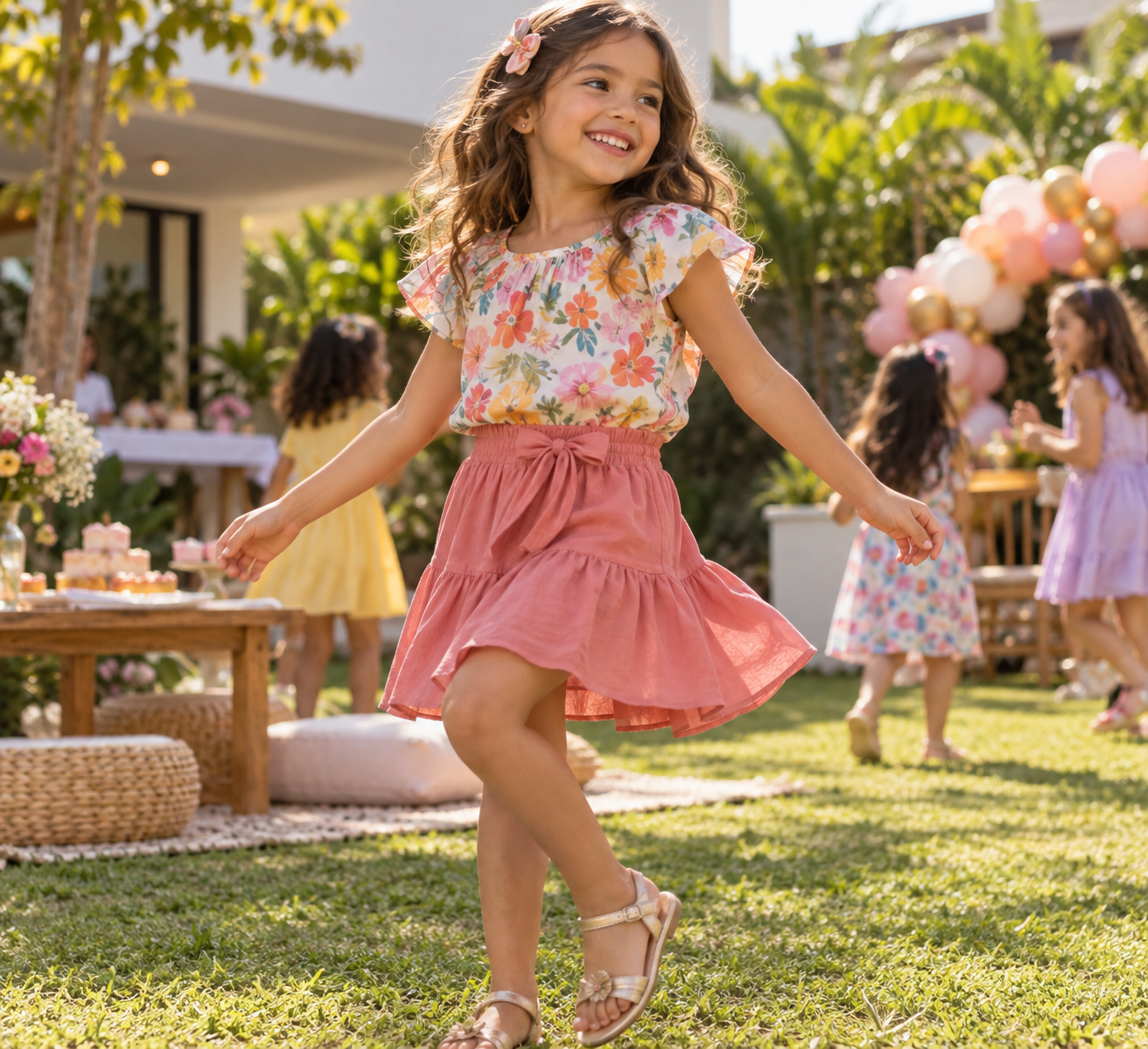 Menina usando look infantil feminino confortável em festa de aniversário em Goiânia