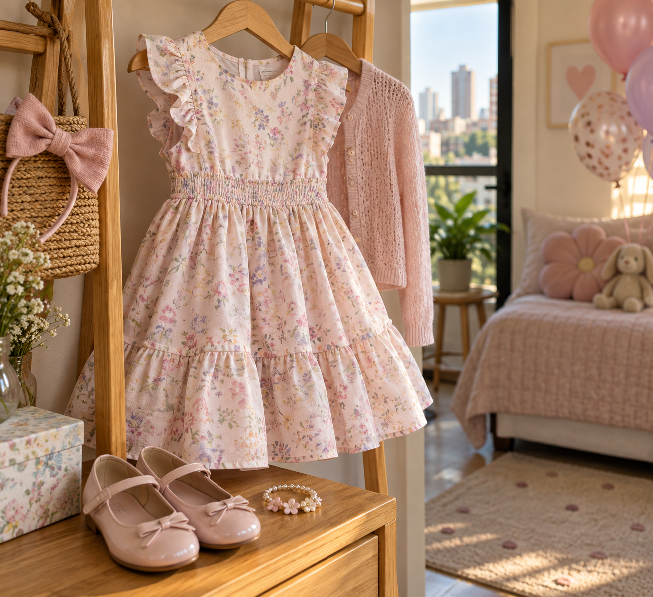 Vestido infantil e cardigan preparados para uma festa de aniversário
