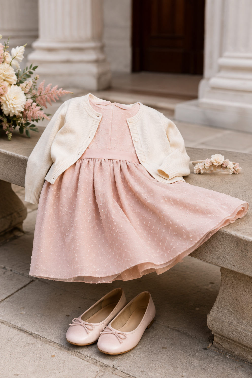 Look infantil para casamento civil com vestido rosa claro, cardigan e sapatilha